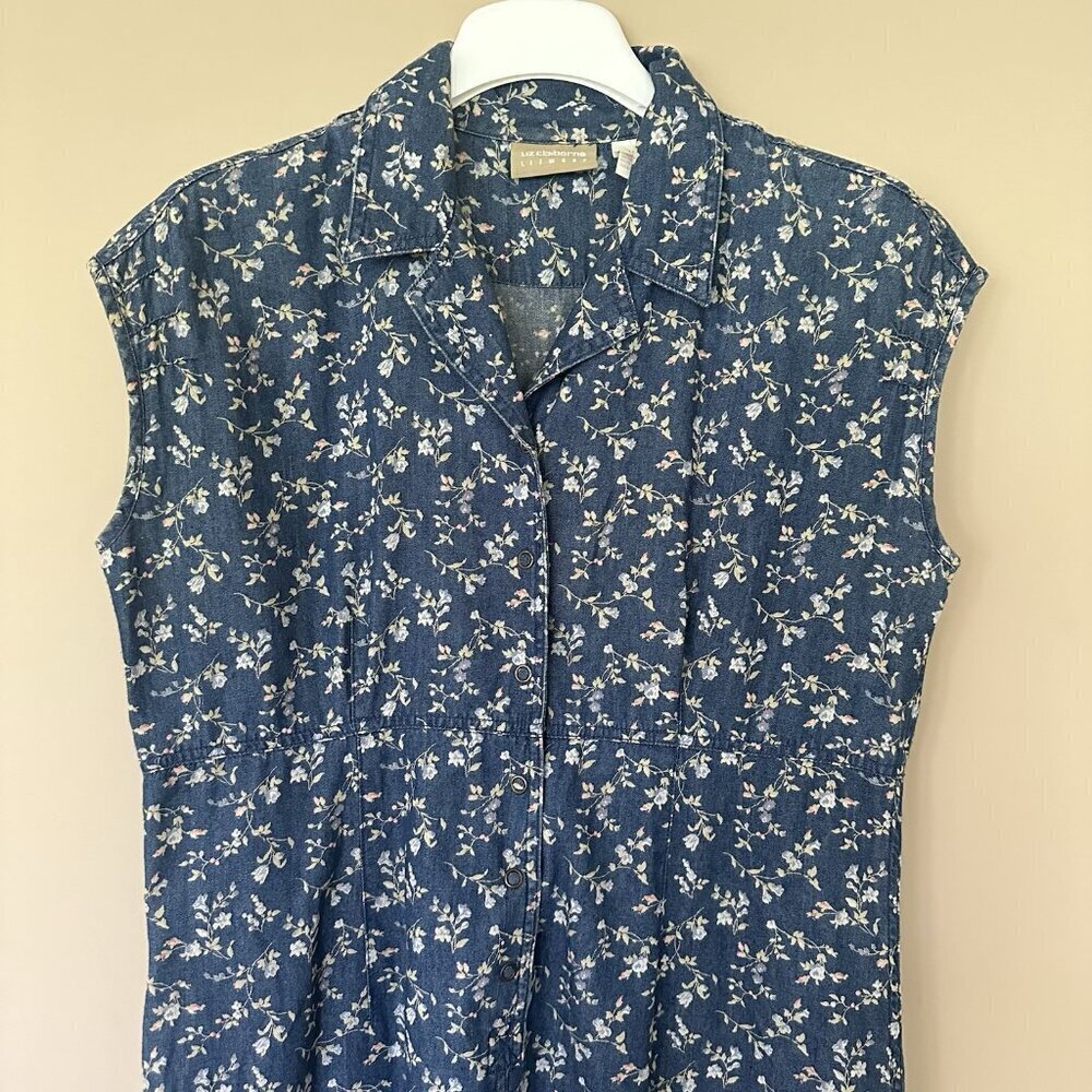VTG Denim Collared Maxi Shirt Dress Floral Women 12 Cottagecore Farm High Waist - Picture 2 of 9